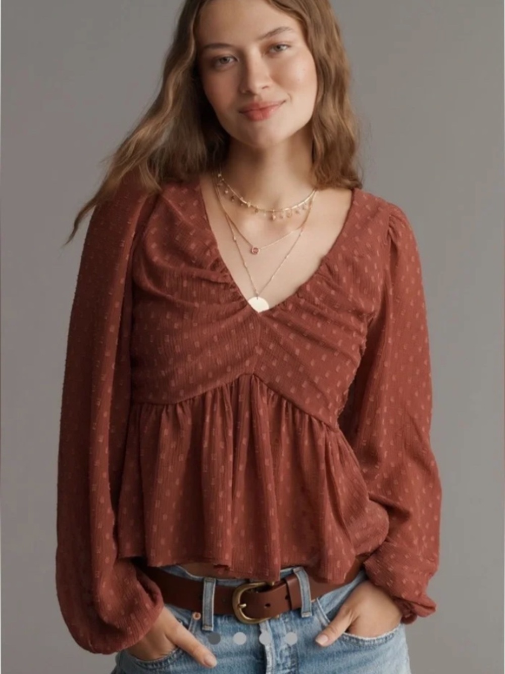by Anthropologie Peplum Swiss Dot Boho Smocked Open Back Blouse Size Small